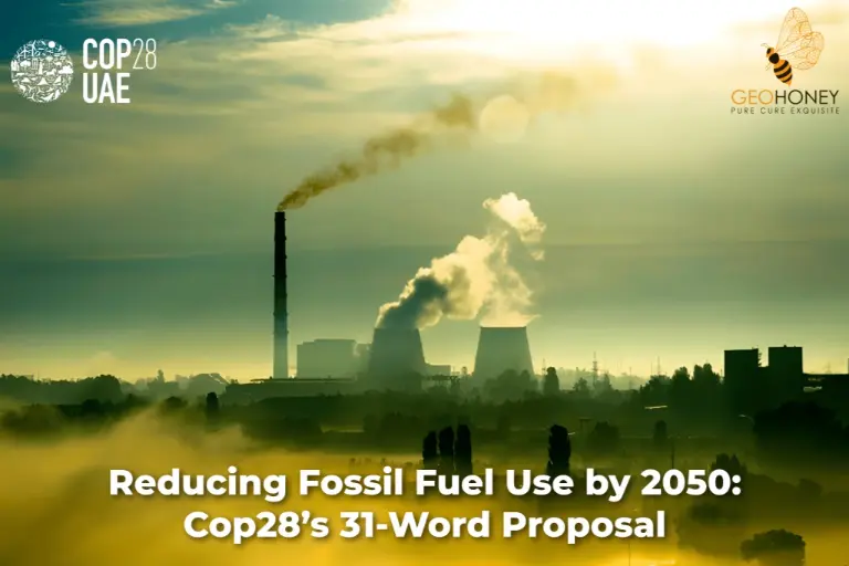 Representatives discussing the 31-word draft proposal at the climate change talks in Dubai, reducing fossil fuel use by 2050.